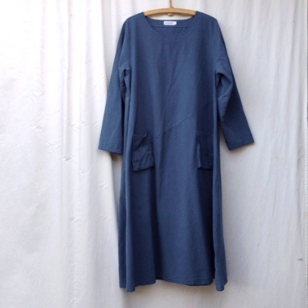 Anysize Blue Maxi Cotton-Linen A-line Long Sleeve Maxi Dress 130 (XL or XXL)
